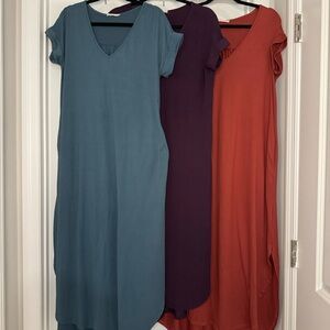 Set of Three V-Neck Dresses in Blue, Purple, and Red